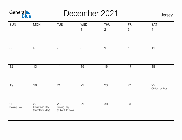 Printable December 2021 Calendar for Jersey