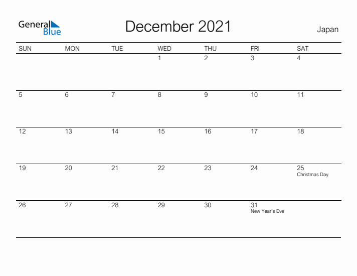 Printable December 2021 Calendar for Japan