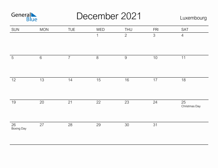 Printable December 2021 Calendar for Luxembourg