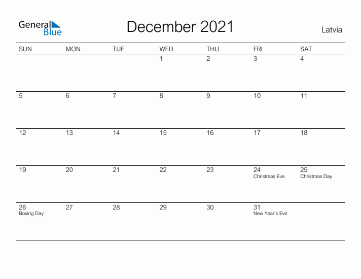 Printable December 2021 Calendar for Latvia