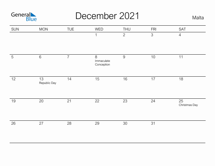 Printable December 2021 Calendar for Malta