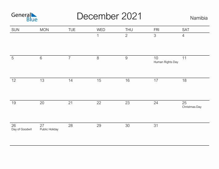 Printable December 2021 Calendar for Namibia