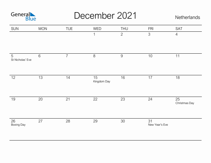 Printable December 2021 Calendar for The Netherlands