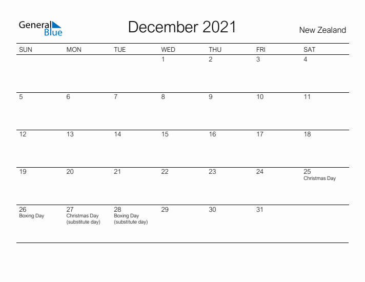 Printable December 2021 Calendar for New Zealand