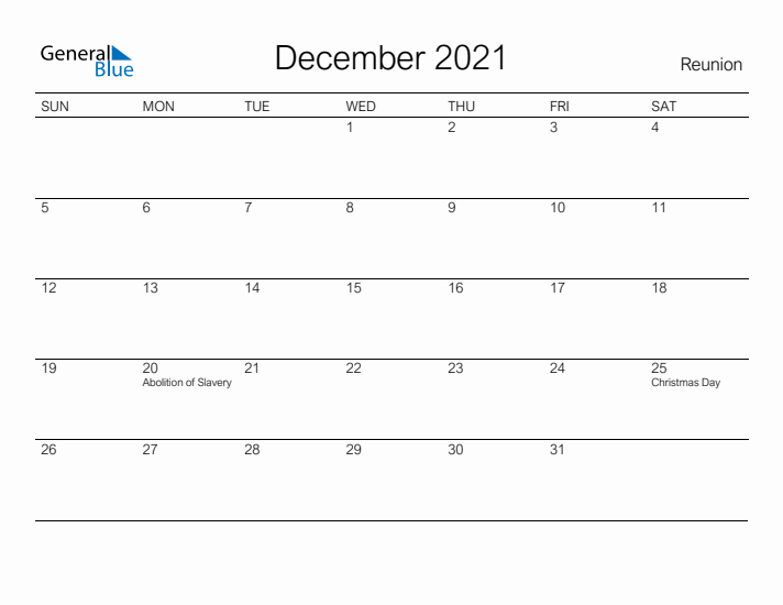 Printable December 2021 Calendar for Reunion