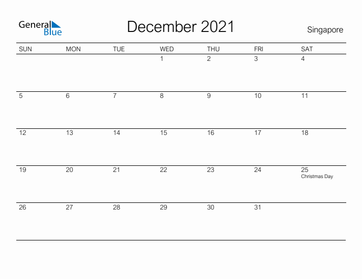 Printable December 2021 Calendar for Singapore