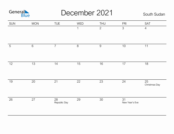 Printable December 2021 Calendar for South Sudan