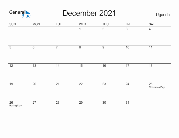 Printable December 2021 Calendar for Uganda