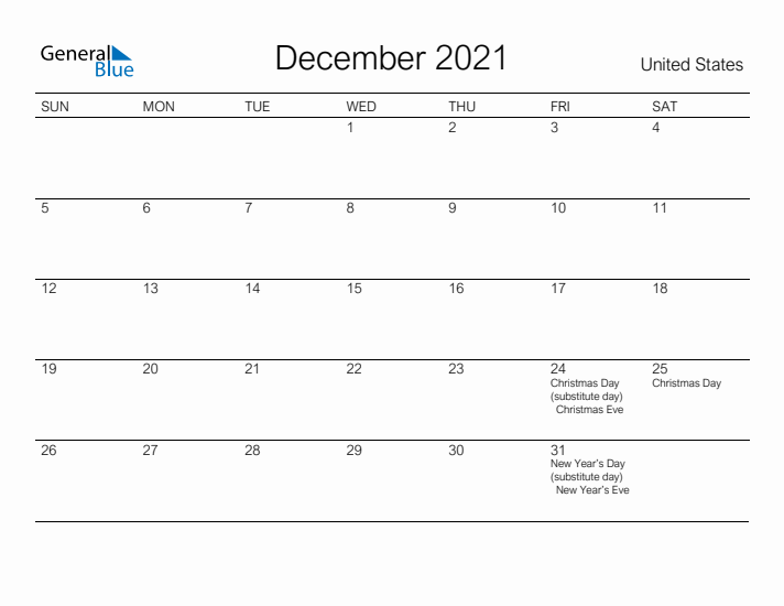 Printable December 2021 Calendar for United States