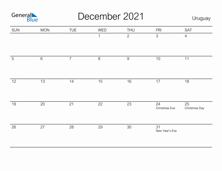 Printable December 2021 Calendar for Uruguay