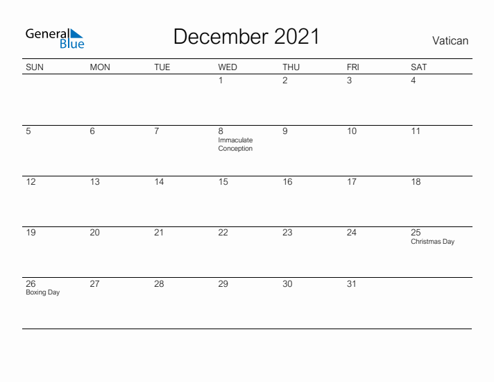 Printable December 2021 Calendar for Vatican