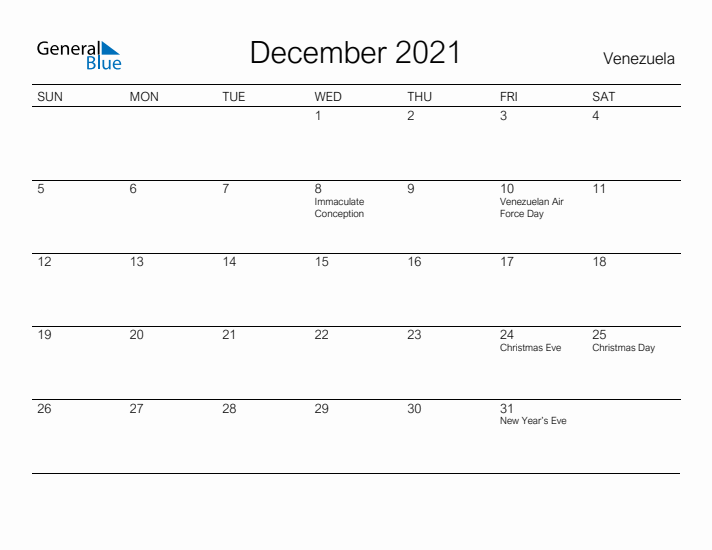 Printable December 2021 Calendar for Venezuela