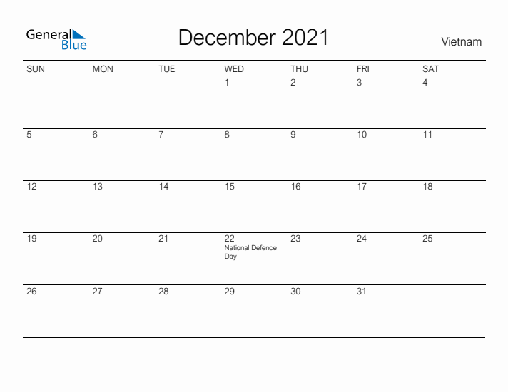 Printable December 2021 Calendar for Vietnam