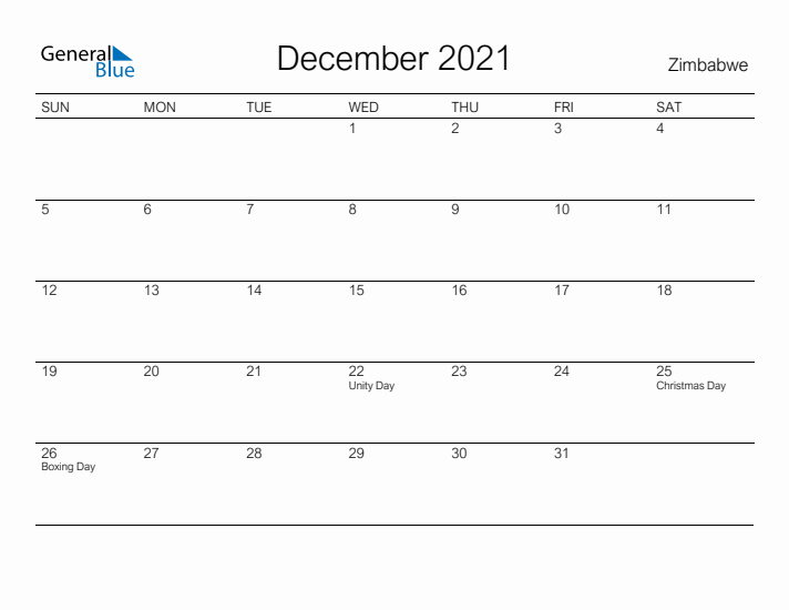 Printable December 2021 Calendar for Zimbabwe