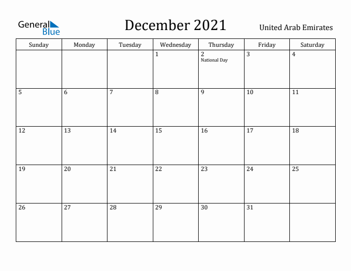 December 2021 Calendar United Arab Emirates