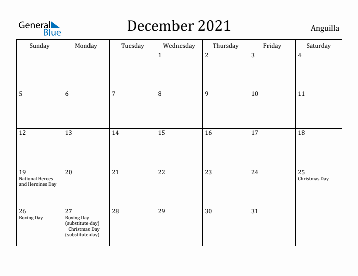 December 2021 Calendar Anguilla