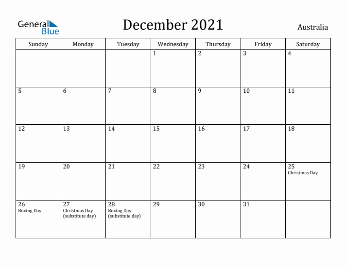 December 2021 Calendar Australia