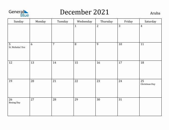 December 2021 Calendar Aruba