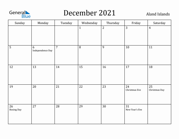 December 2021 Calendar Aland Islands