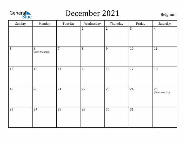 December 2021 Calendar Belgium