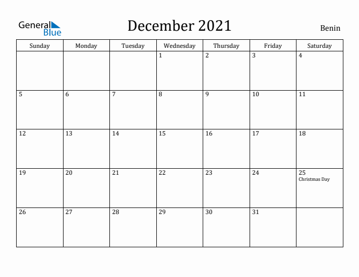 December 2021 Calendar Benin