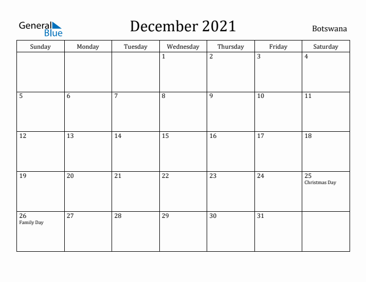 December 2021 Calendar Botswana