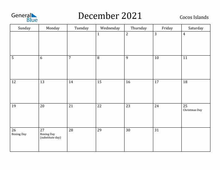 December 2021 Calendar Cocos Islands