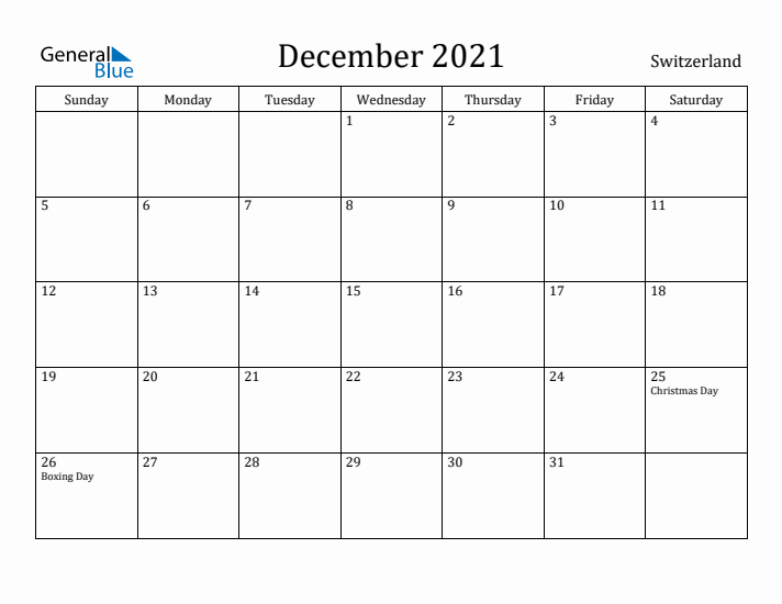 December 2021 Calendar Switzerland