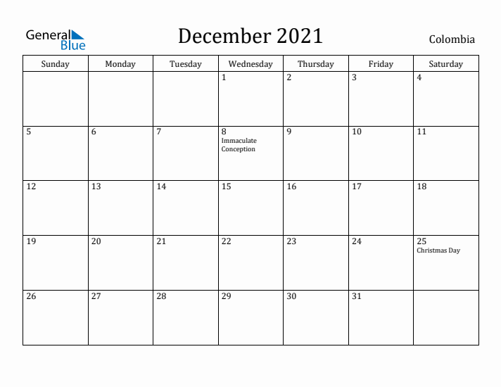 December 2021 Calendar Colombia