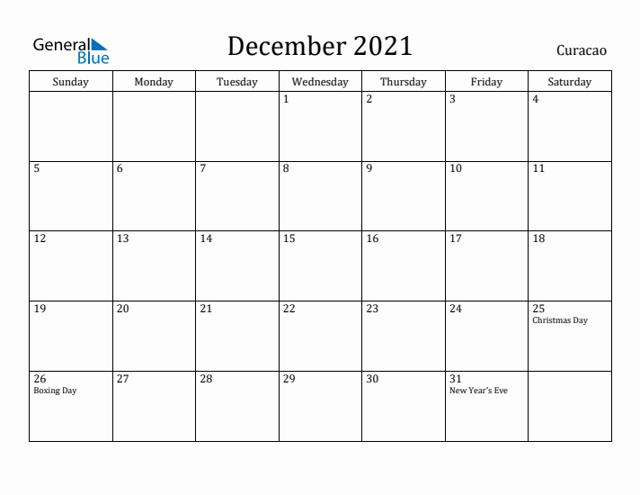 December 2021 Calendar Curacao