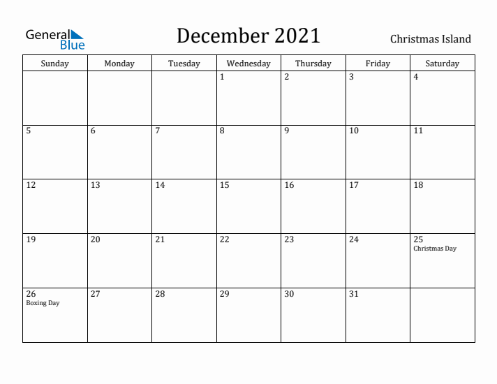 December 2021 Calendar Christmas Island