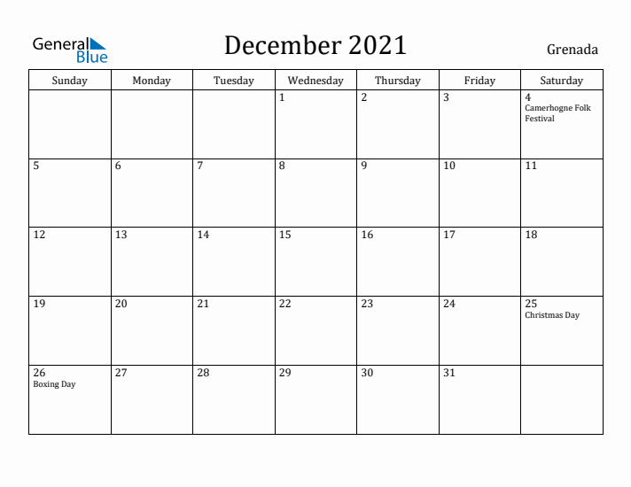 December 2021 Calendar Grenada