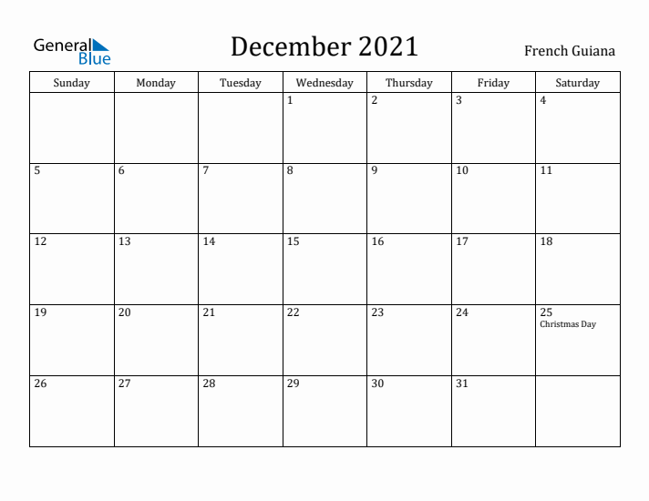 December 2021 Calendar French Guiana