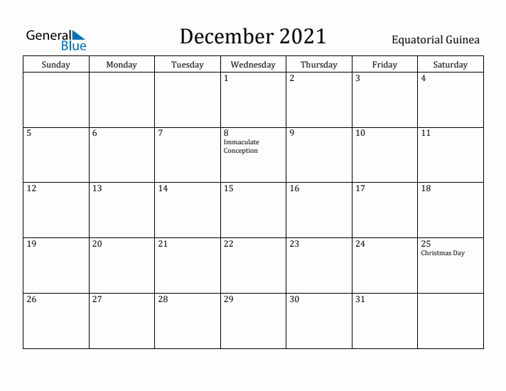 December 2021 Calendar Equatorial Guinea