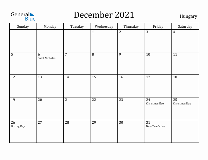 December 2021 Calendar Hungary