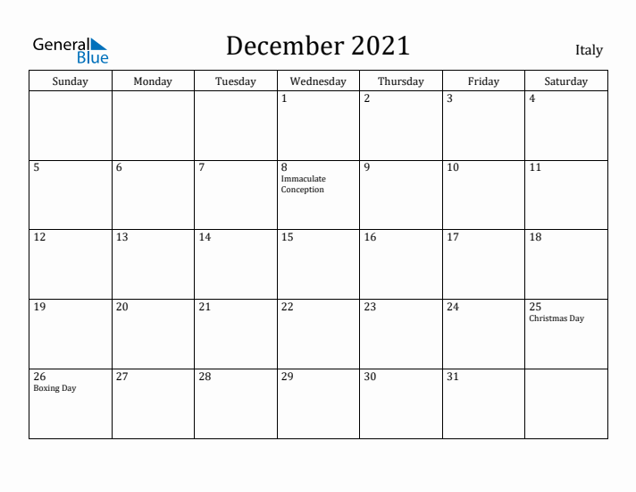 December 2021 Calendar Italy