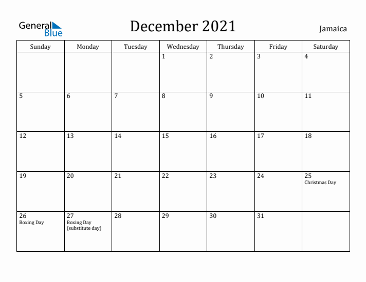 December 2021 Calendar Jamaica