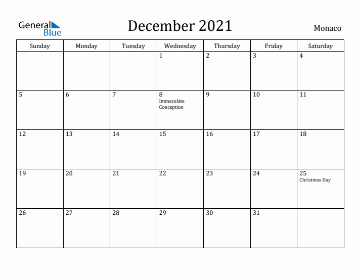 December 2021 Calendar Monaco