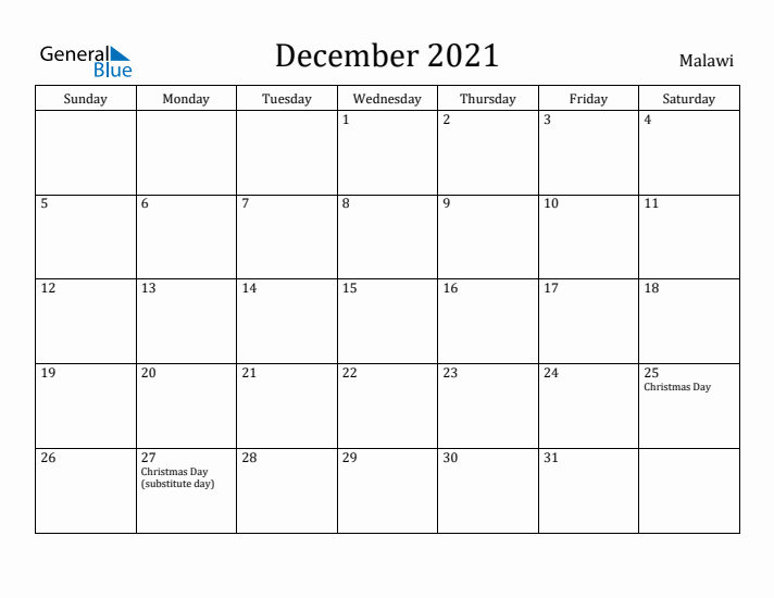 December 2021 Calendar Malawi