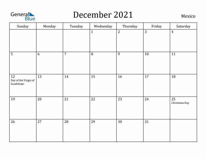 December 2021 Calendar Mexico