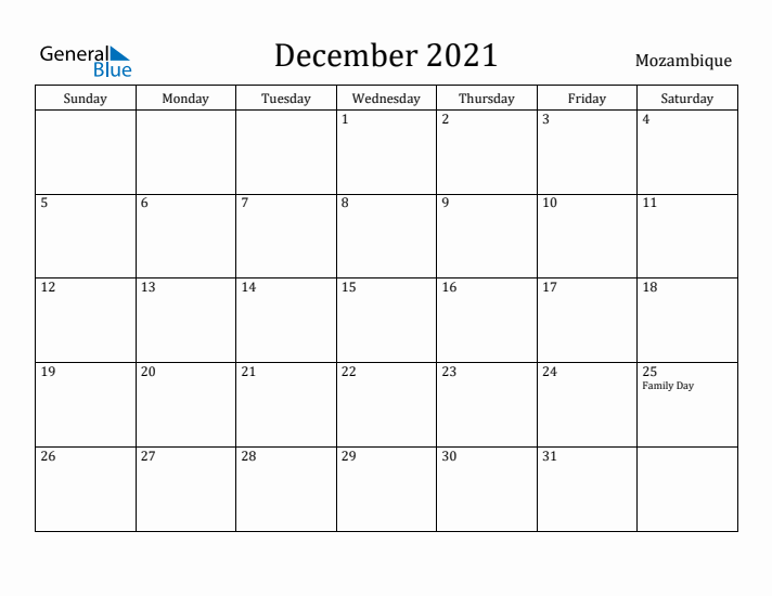 December 2021 Calendar Mozambique