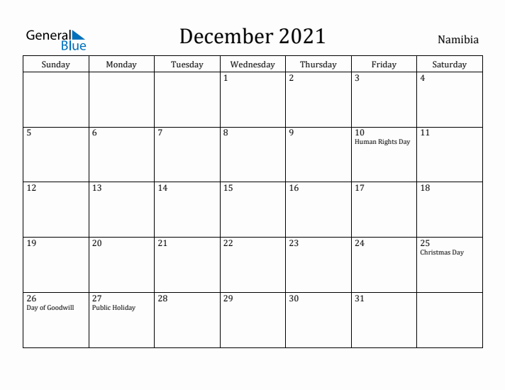 December 2021 Calendar Namibia