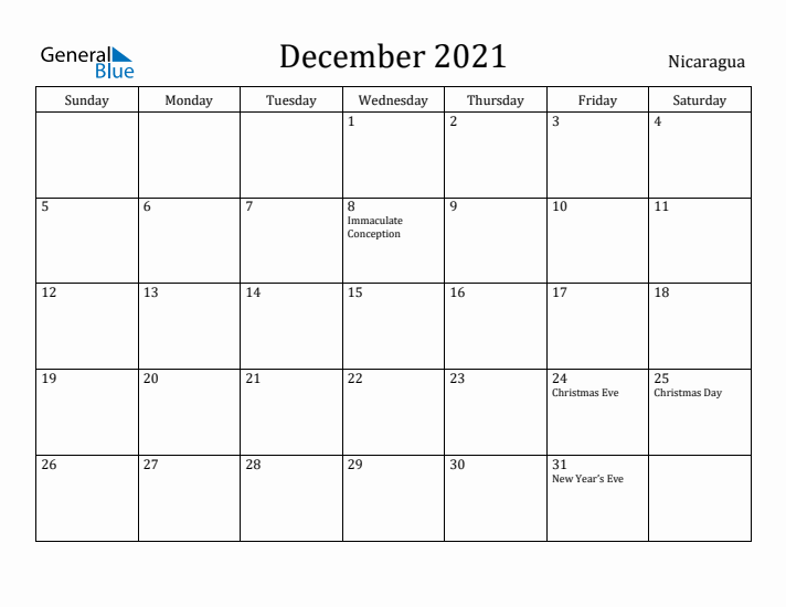 December 2021 Calendar Nicaragua