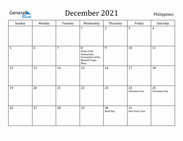 December 2021 Calendar Philippines