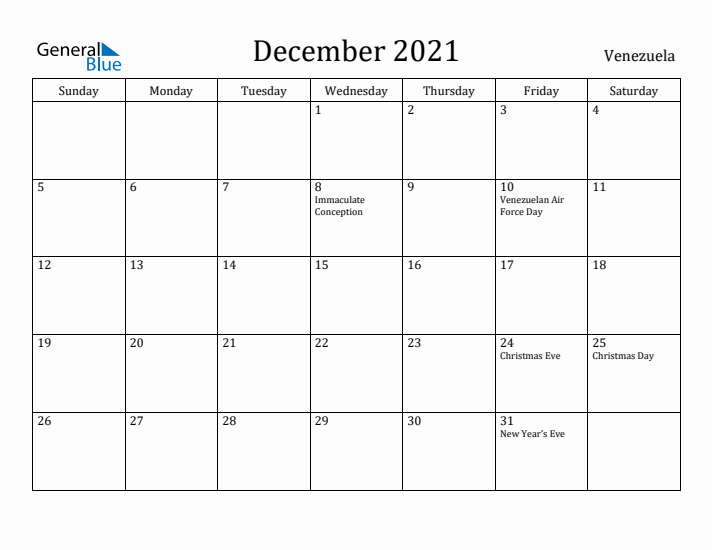 December 2021 Calendar Venezuela