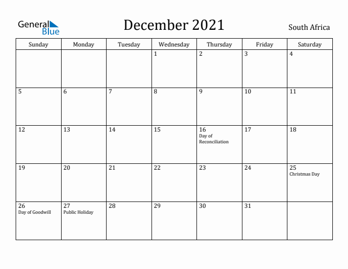 December 2021 Calendar South Africa