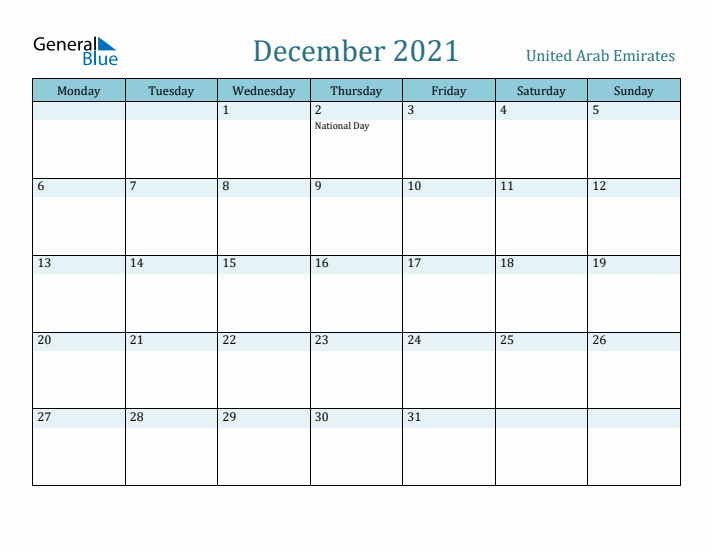 December 2021 Calendar with Holidays