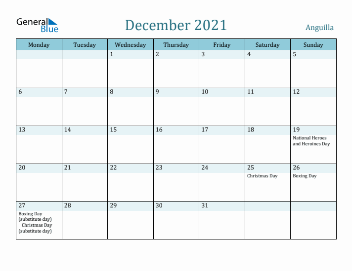 December 2021 Calendar with Holidays