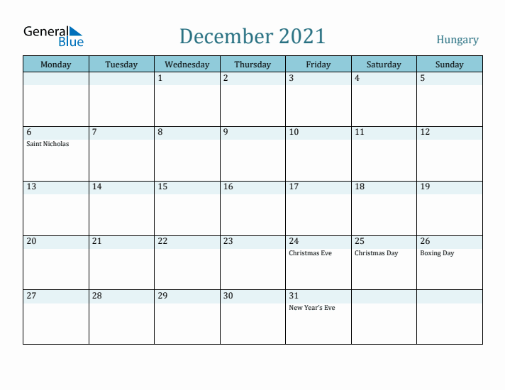 December 2021 Calendar with Holidays