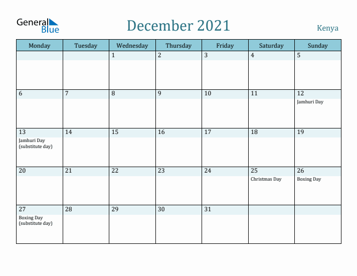 December 2021 Calendar with Holidays